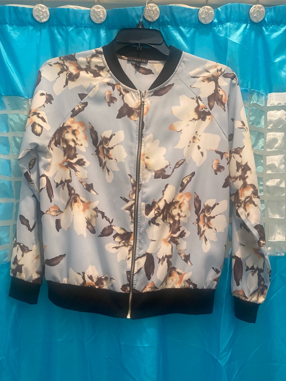 West Kei Light Blue Floral Bomber Jacket with Black Trim